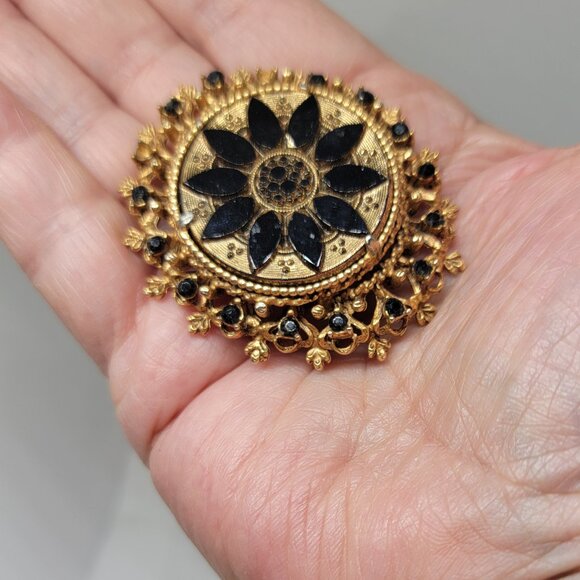 Florenza Gold Black Brooch Glass Round Pin Black Rhinestones OS Vintage - Picture 2 of 11